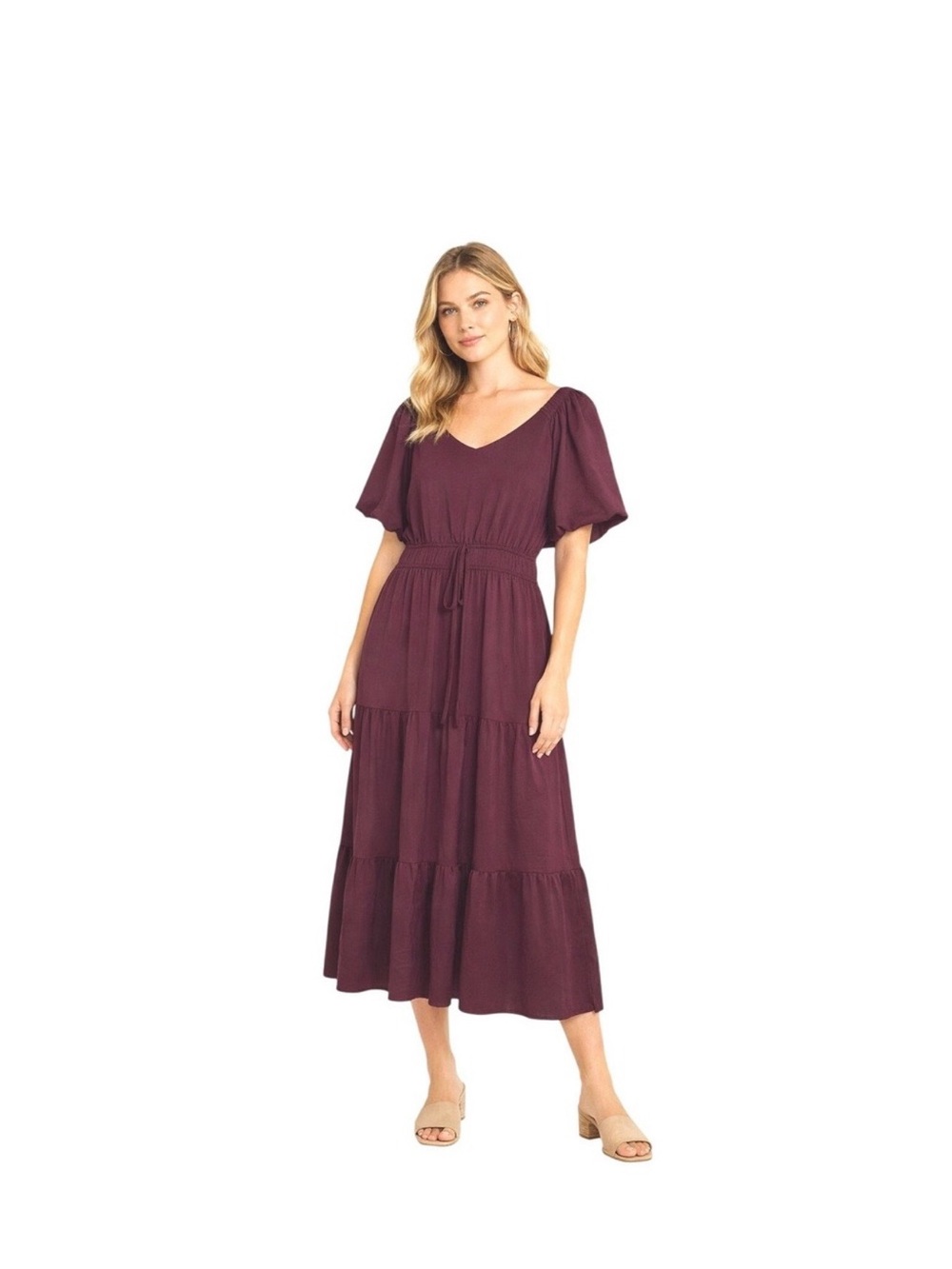 Maurices Plum Tiered Midi Dress with Puff Sleeves